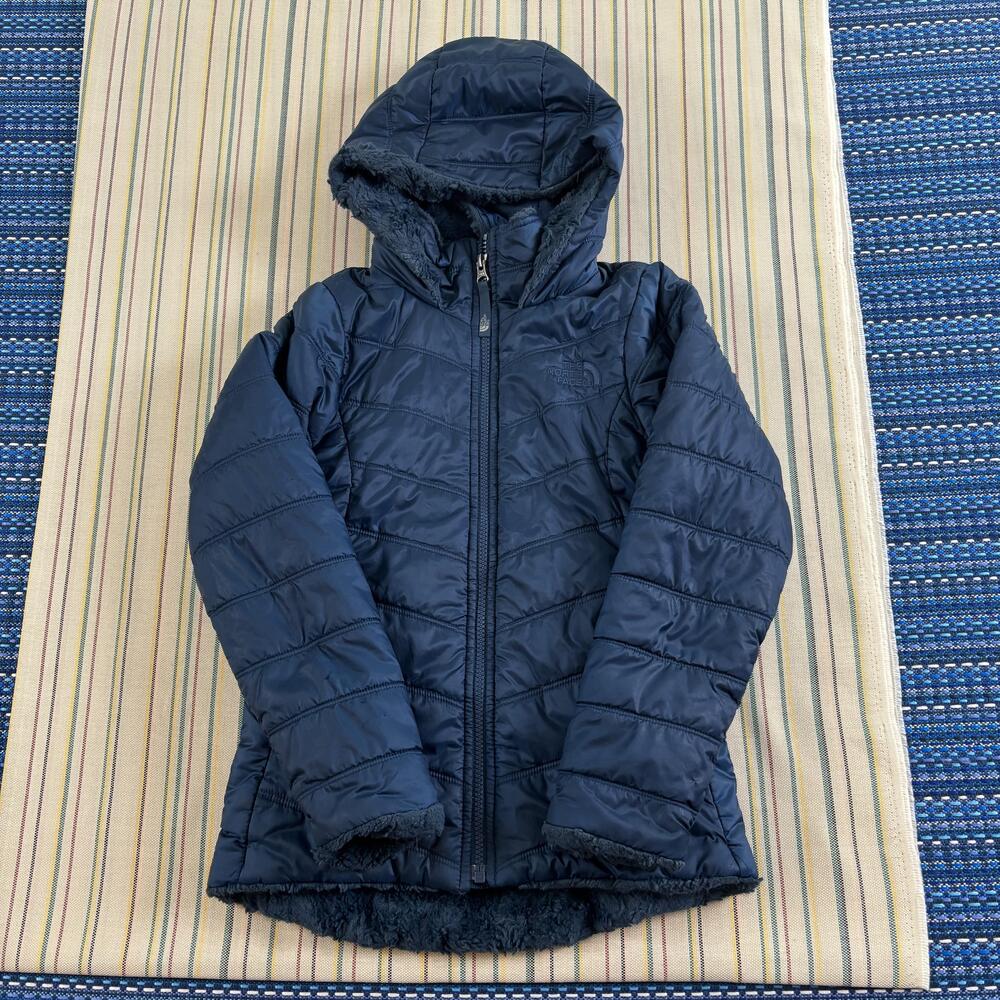 The North Face Jacket Girls Small 7/8 Blue Hooded Fuzzy Fleece Puffer Full Zip E